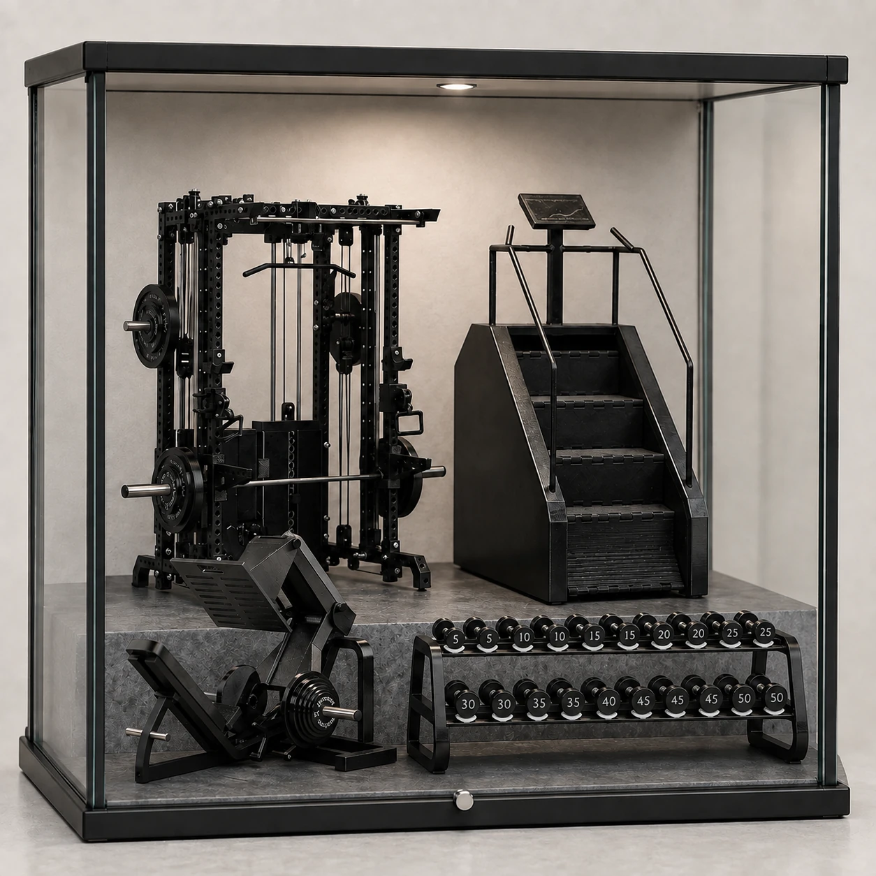A MINIGYM display with miniature training rack, stair climber, leg press and dumbbells